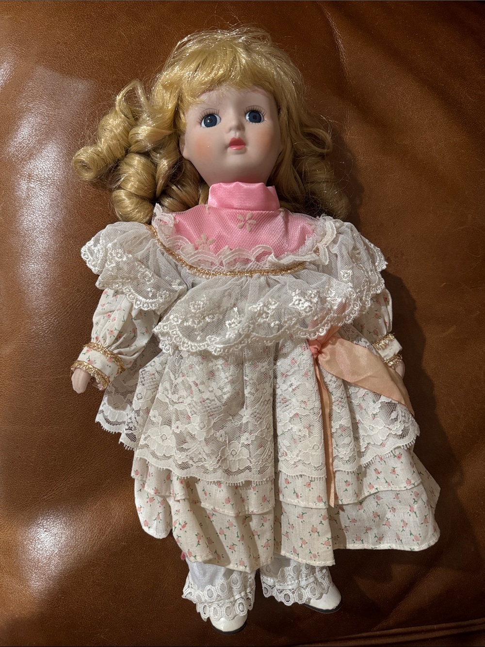 Vintage Porcelain Doll in Pink and Cream Lace Dress - Classic Collectible